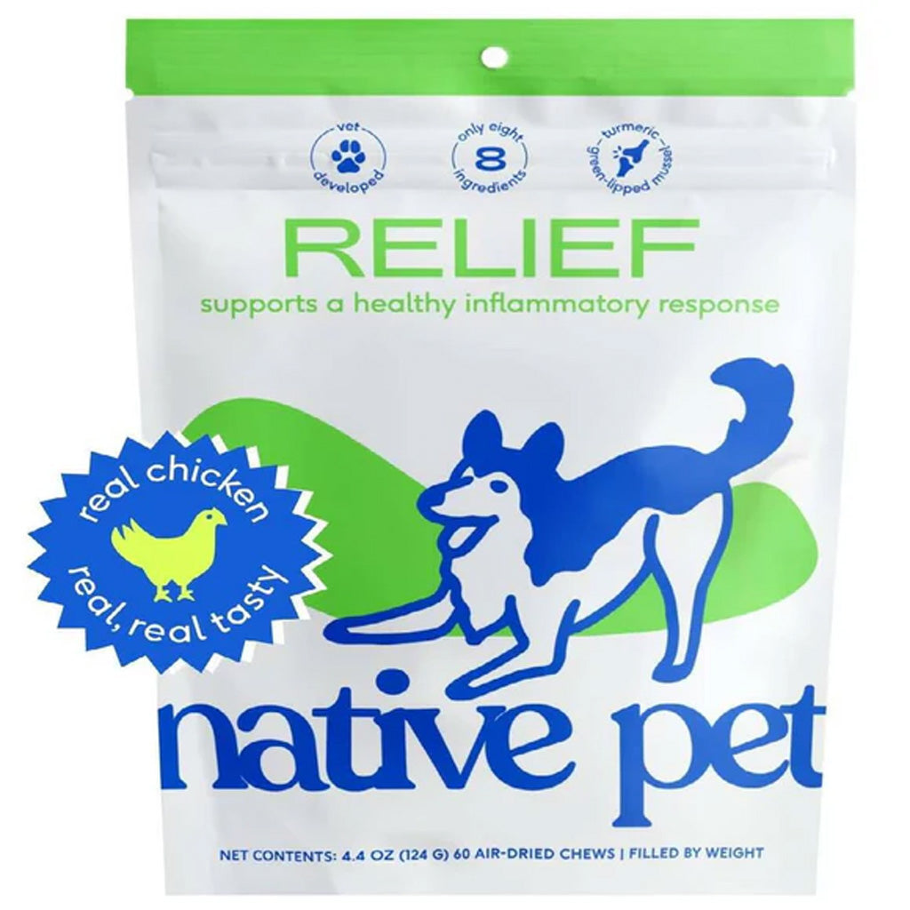 Native Pet Relief product packaging with a dog illustration and green and blue design 60 Chews
