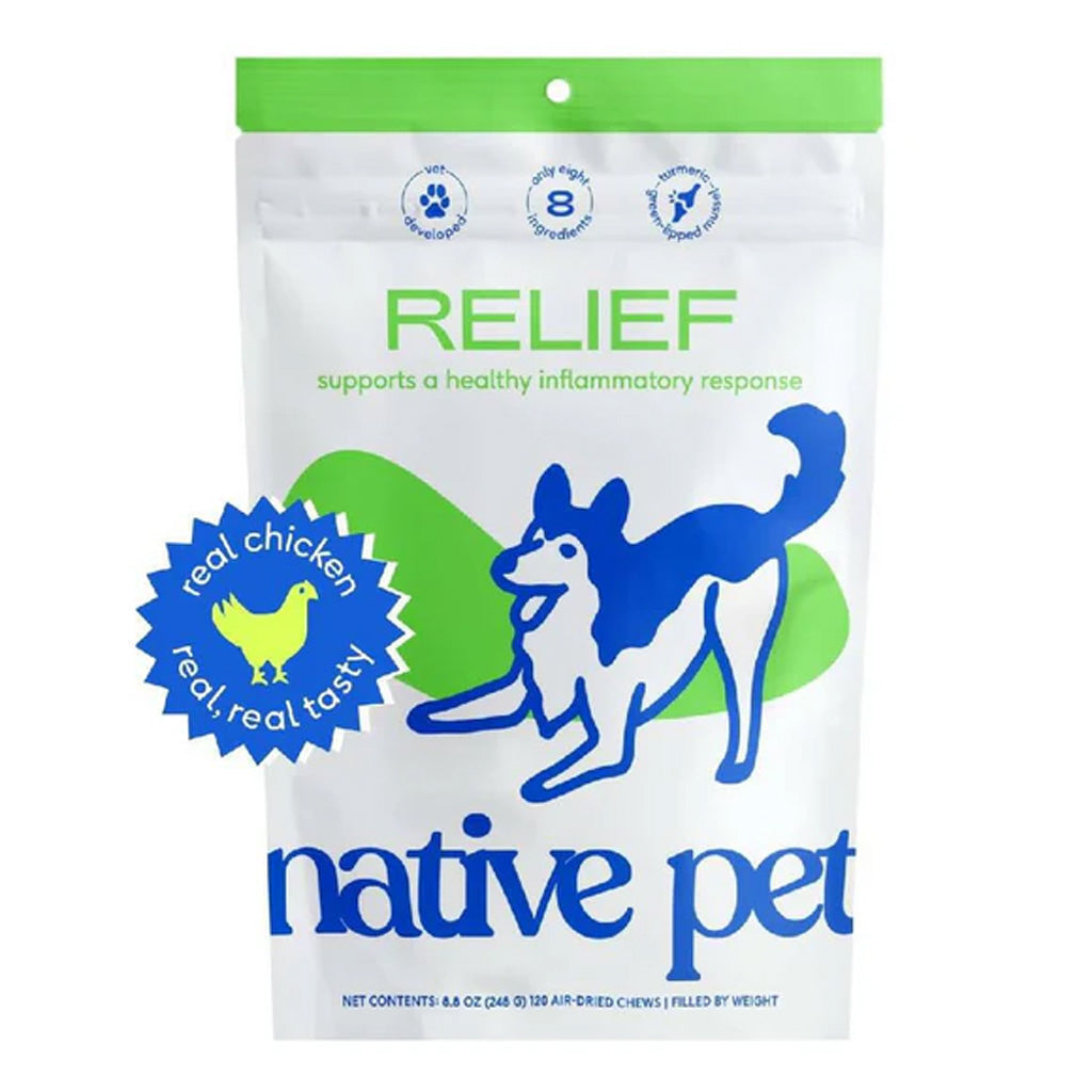 Native Pet Relief product packaging with a dog illustration on a white background 120 Chews