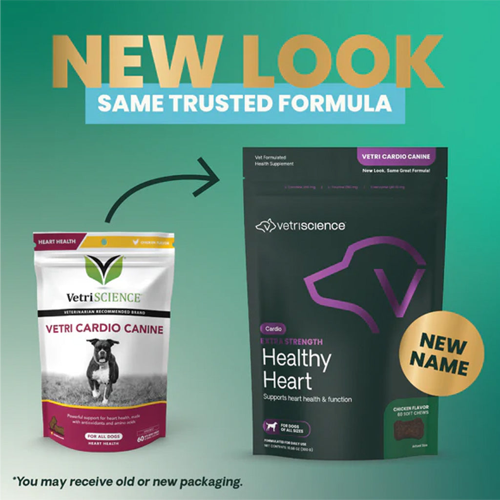 Two VetriScience pet supplement packages with text indicating a new look and same trusted formula on a green background.