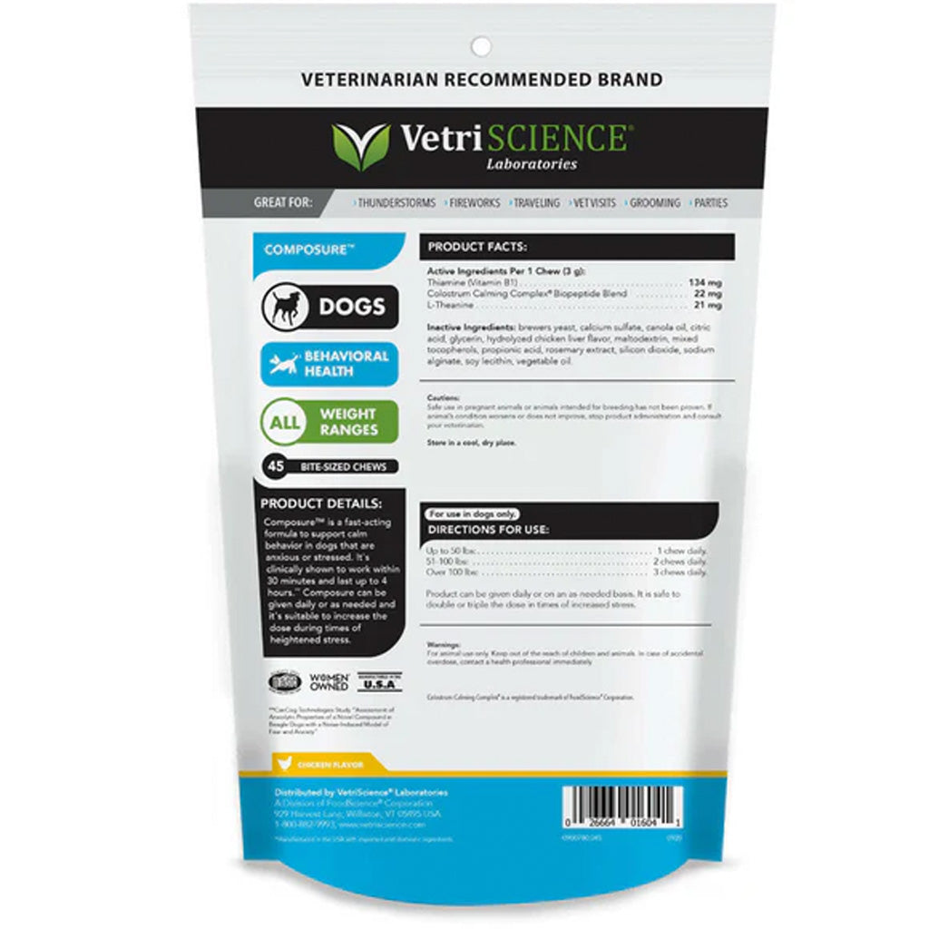 VetriScience Composure Calming Chews for Dogs, Chicken Flavour – Stress & Anxiety Relief | UK Stock
