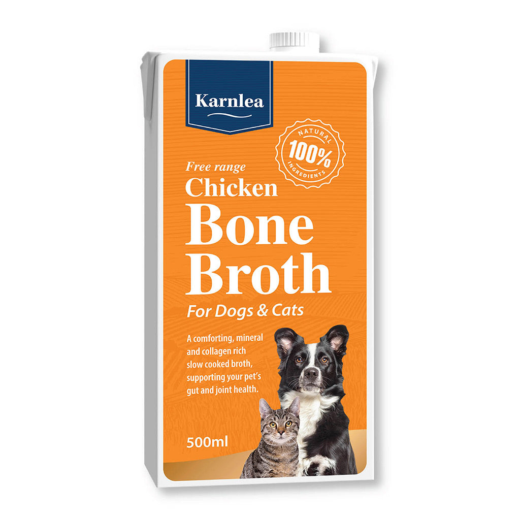 Karnlea Chicken Bone Broth packaging for dogs and cats on a white background