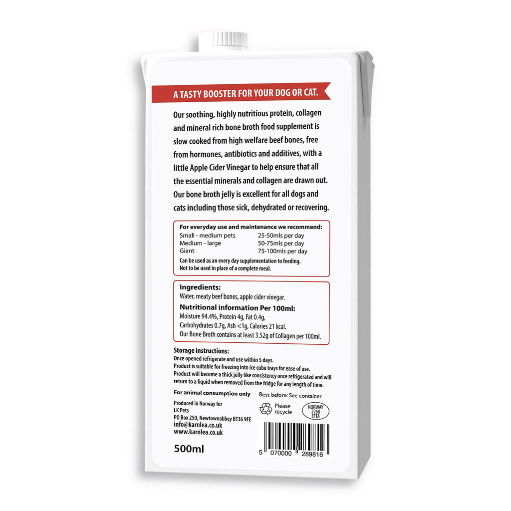 Back of Karnlea Beef Bone Broth pet supplement package with text and branding on a white background