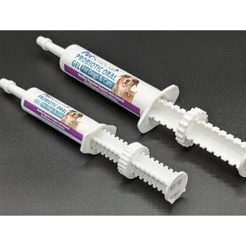 Two white syringe-style tubes of Mewbooster Probiotic Oral Gel for Dogs & Cats, displayed diagonally on a dark gray textured background.
