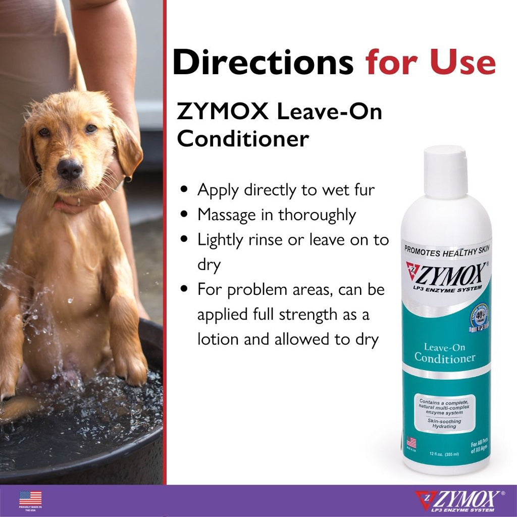 ZYMOX Leave-On Conditioner bottle with directions for use and a dog being bathed UK Stock