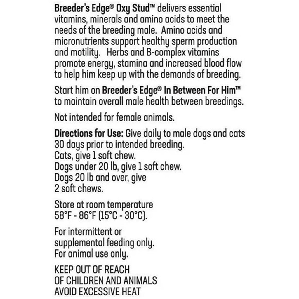 Product label for Breeder's Edge Oxy Stud with text on a white background