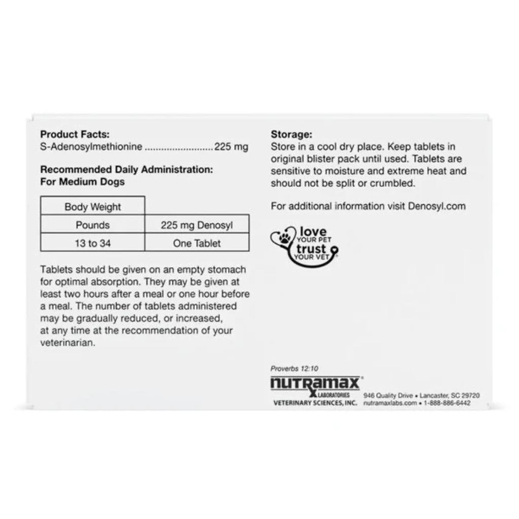Nutramax Denosyl Liver and Brain Health Supplement for Medium Dogs, With S-Adenosylmethionine (SAMe) dosage
