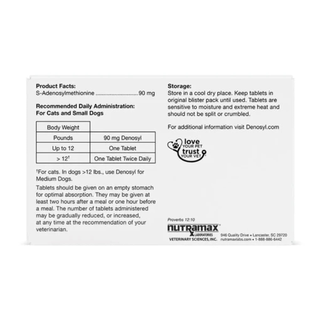Nutramax Denosyl Liver and Brain Health Supplement for Small Dogs and Cats, With S-Adenosylmethionine (SAMe) dosage