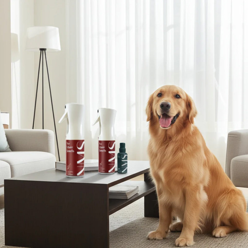 Dog sitting on a rug in a living room with no more smells pet care products on a table.