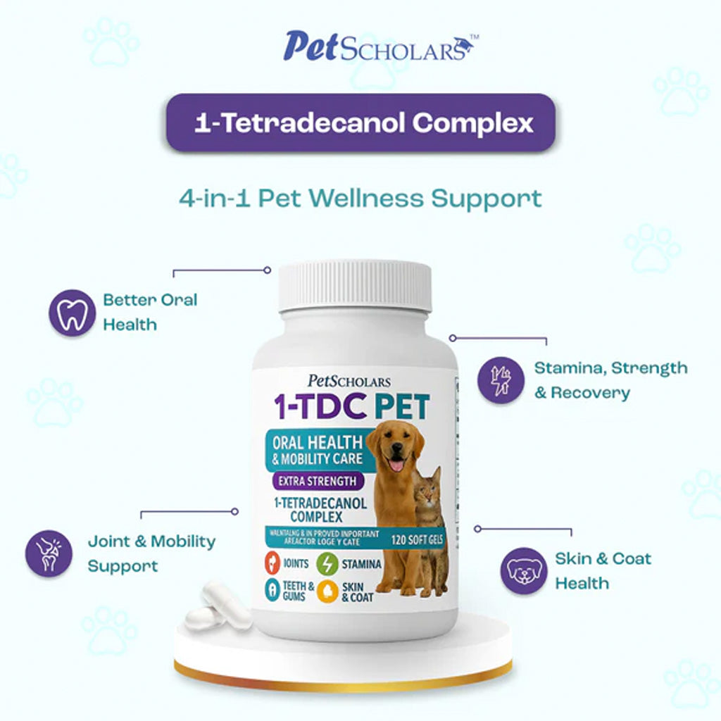Pet Scholars 1-TDC PET supplement bottle with health benefits on a white background