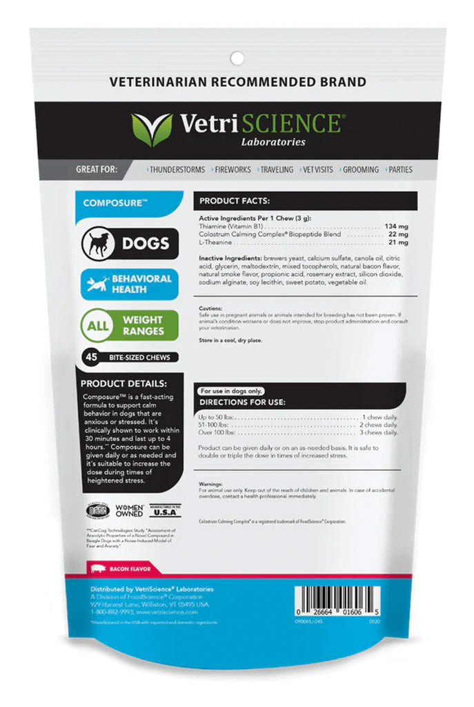 VetriScience Composure Calming Chews for Dogs, Bacon Flavour – Stress & Anxiety Relief | UK Stock
