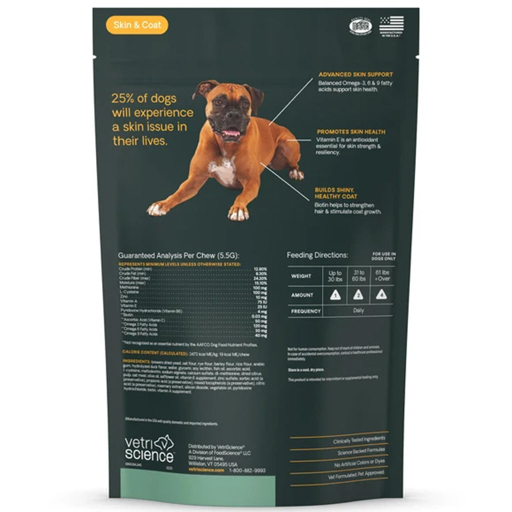 Vetric science dog skin & coat supplement pouch, back view, featuring a brown boxer dog illustration with callout lines pointing to text about skin support and health benefits.