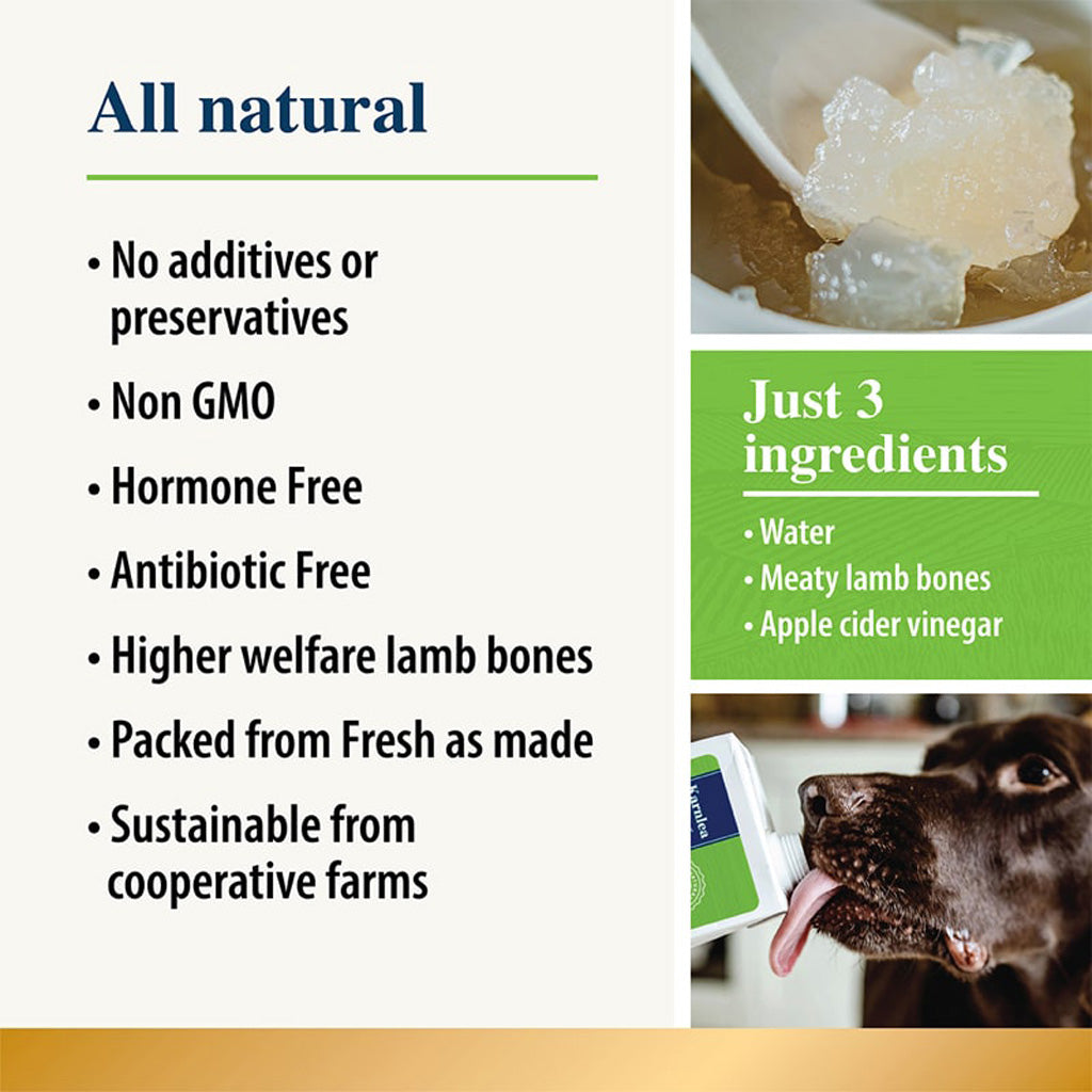 Product packaging with text highlighting Karnlea Lamb Bone Broth natural ingredients and benefits, alongside a dog eating the product.