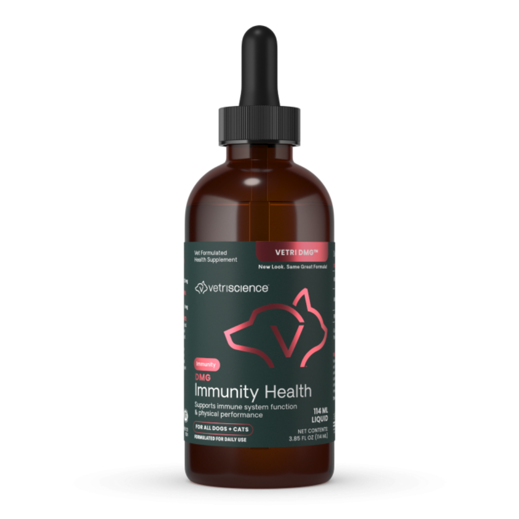 Vet science VetrriScience Immunity Health liquid supplement in an amber glass dropper bottle with a black cap and a dark green label featuring a pink dog silhouette.