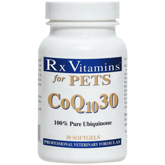 Bottle of Rx Vitamins CoQ1030 for pets on a white background