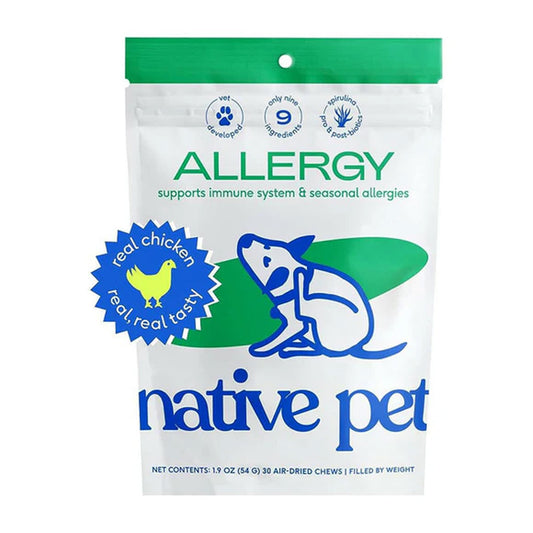 Native Pet allergy support product packaging with green and blue design on a white background