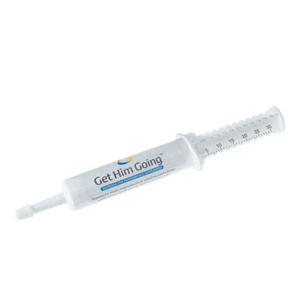 White syringe with Breeder's Edge 'Get Him Going' label on a white background