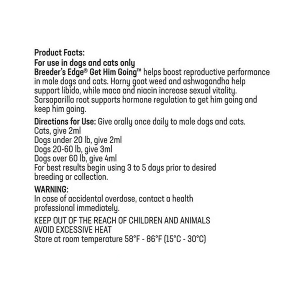 Product label for 'Breeder's Edge Get Him Going' with directions and warnings on a white background