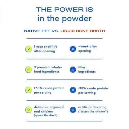 Comparison chart between Native Pet and Liquid Bone Broth products on a white background.