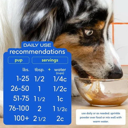 Dog drinking from a bowl with daily use recommendations for a pet supplement displayed.