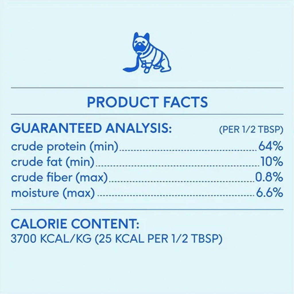 Product facts label with guaranteed analysis and calorie content for a pet food product on a light blue background.