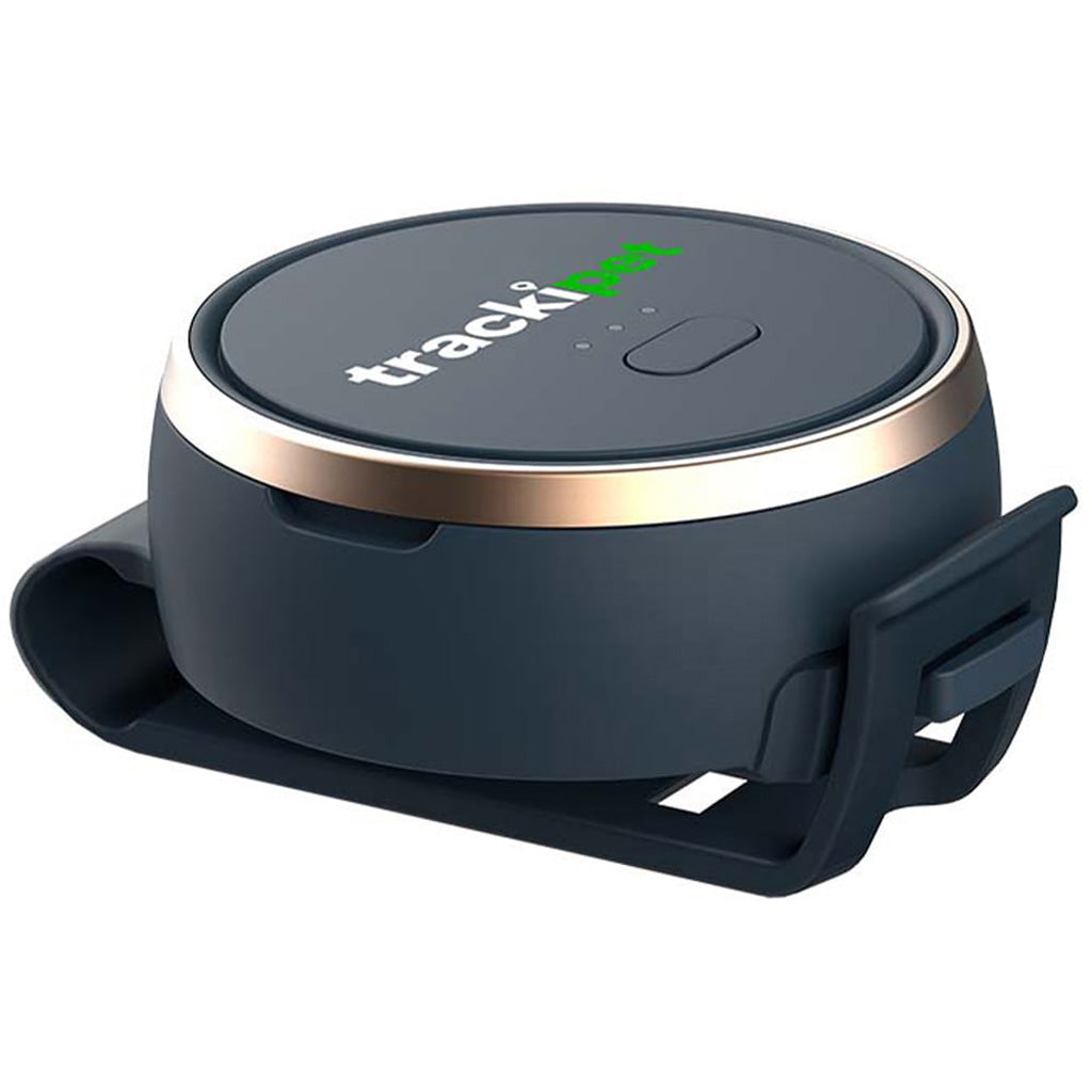 Black tracking device with 'trackipet' branding on a white background