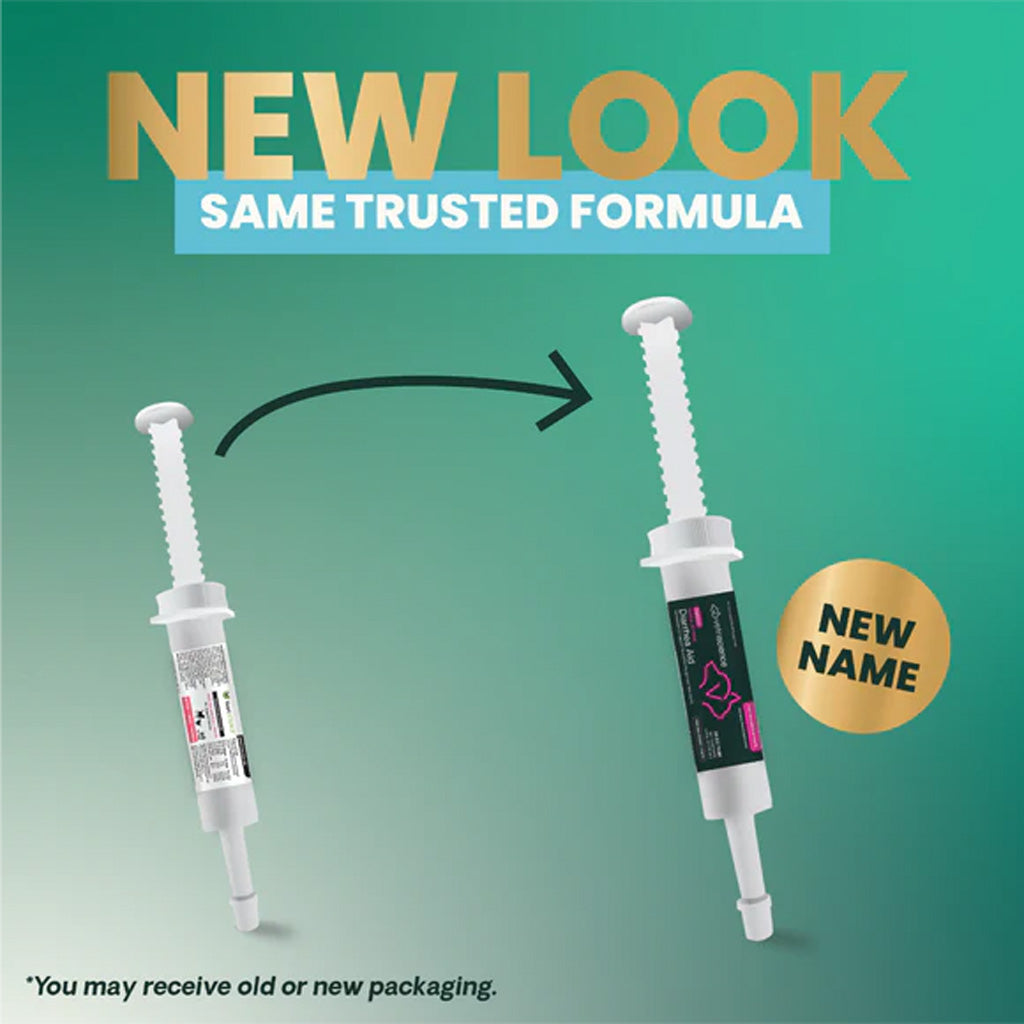 Two dental syringes with text indicating a new look and same trusted formula on a green background.