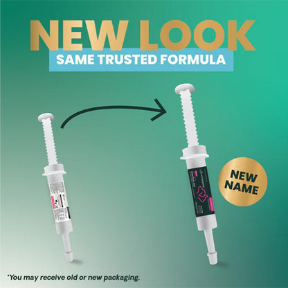 Two dental syringes with text indicating a new look and same trusted formula on a green background.