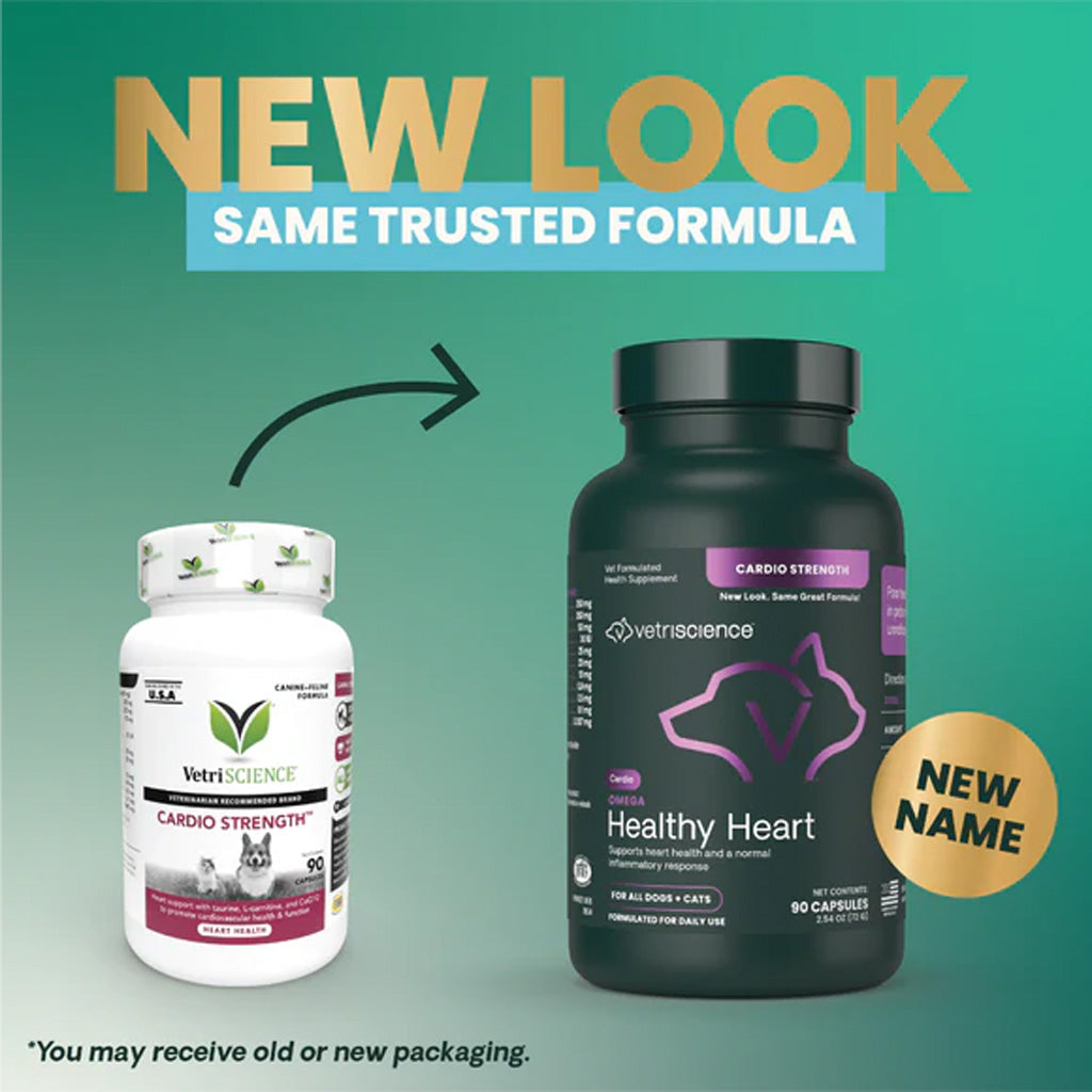 Vetriscience Cardio with text indicating a new look and same trusted formula on a green background.