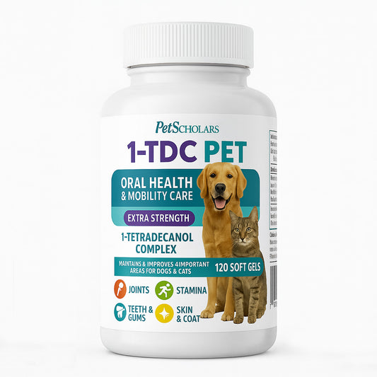 Bottle of Petscholars 1-TDC PET supplement for dogs and cats on a white background
