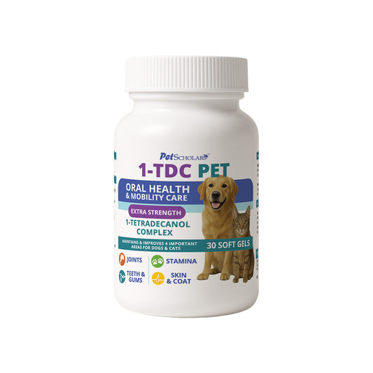 Bottle of Pet Scholars 1-TDC PET supplement for oral health and mobility care on a white background 30 Soft Gels