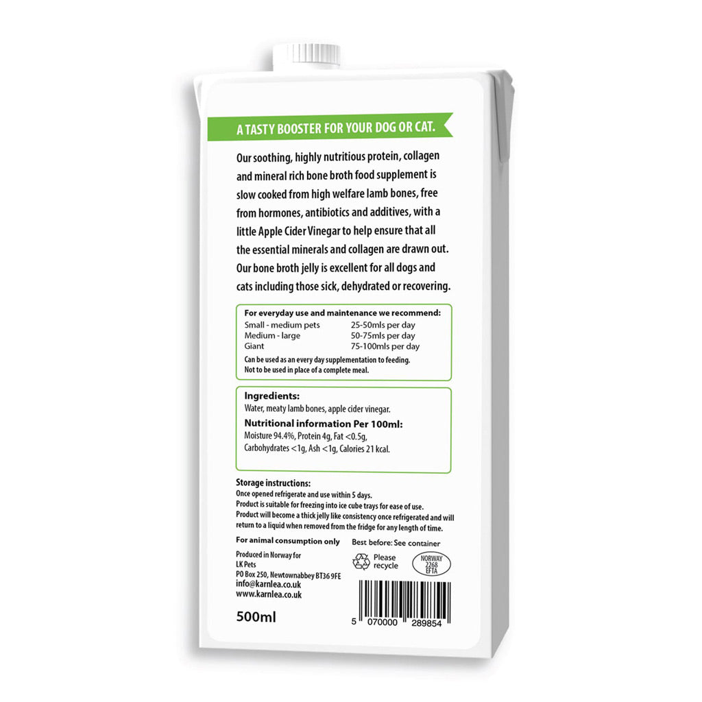 Back of a Karnlea Lamb Bone Broth with text and nutritional information on a white background