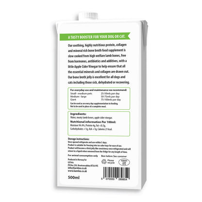 Back of a Karnlea Lamb Bone Broth with text and nutritional information on a white background