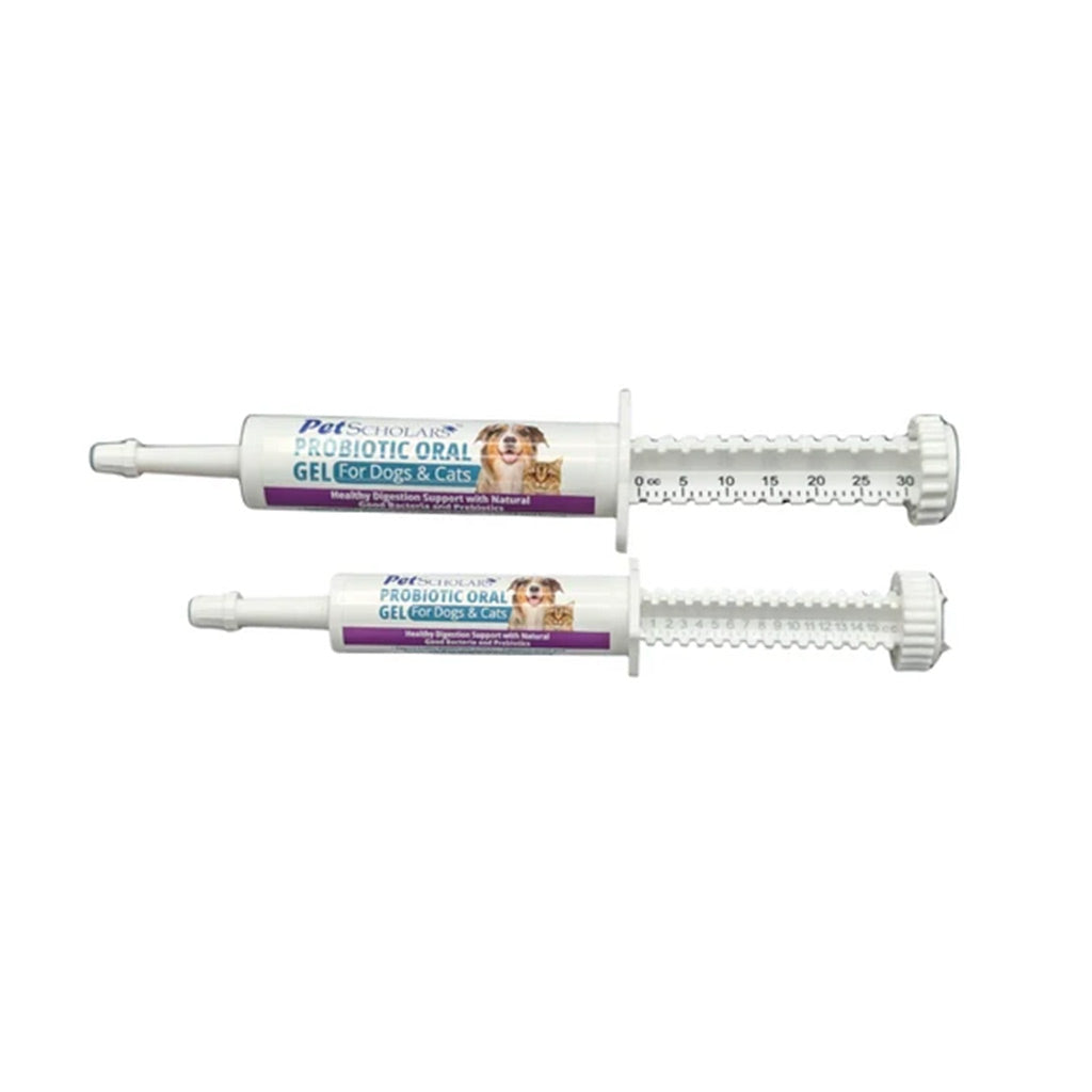Two white syringe-style tubes of Pets Solutions Probiotic Oral Gel for dogs and cats, shown on a plain white background.