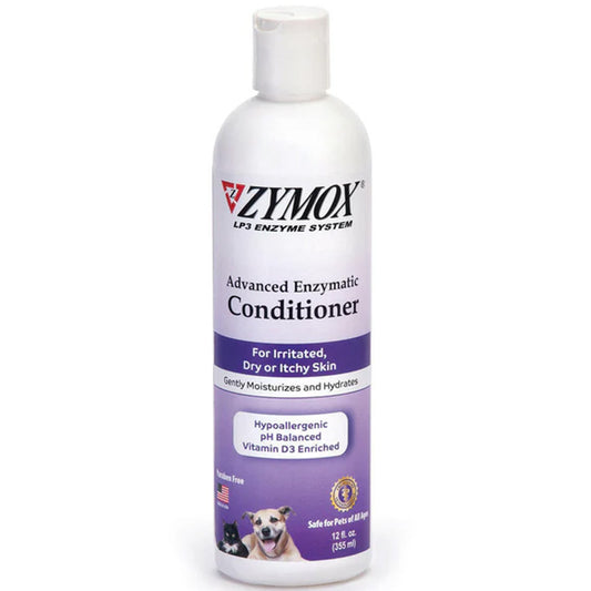 A white bottle of Zymox LPF Enzyme System Advanced Enzymatic Conditioner for pets, featuring a purple and white label with dog and cat illustrations at the bottom.