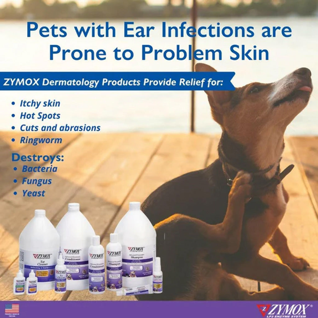 Dog with ear infections and ZYMOX dermatology products on a dock.
