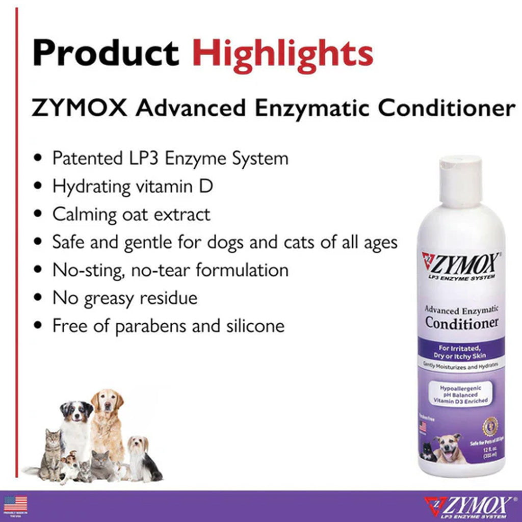 Zymox Advanced Enzymatic Conditioner bottle with product highlights on a white background
