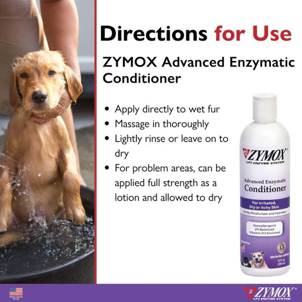 ZYMOX Advanced Enzymatic Conditioner bottle with directions for use and a dog being bathed.