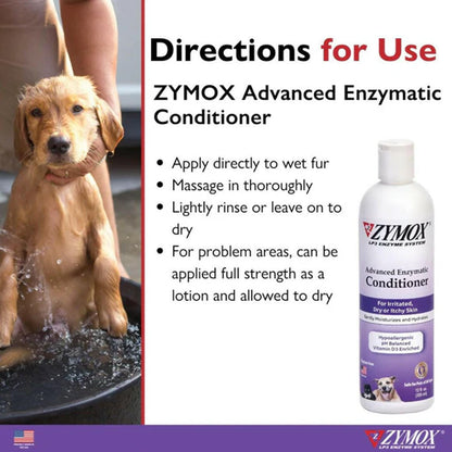 ZYMOX Advanced Enzymatic Conditioner bottle with directions for use and a dog being bathed.