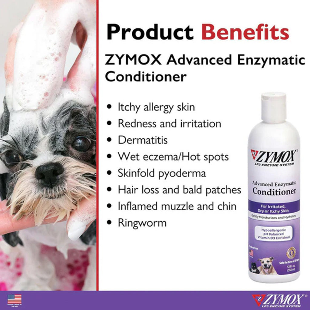 Promotional graphic for ZYMOX Advanced Enzymatic Conditioner, showing a small black-and-white dog being washed with soap on the left, a list of product benefits in the center, and a bottle of the conditioner on the right.