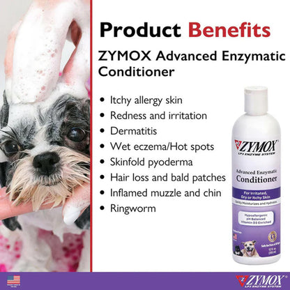 Promotional graphic for ZYMOX Advanced Enzymatic Conditioner, showing a small black-and-white dog being washed with soap on the left, a list of product benefits in the center, and a bottle of the conditioner on the right.