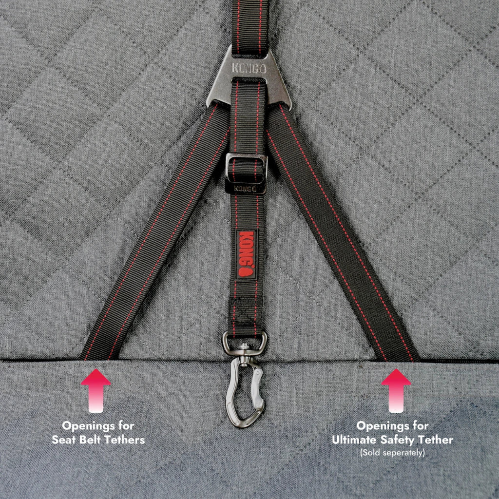 Close-up of a gray quilted pet car seat with black KONG safety harness straps and red stitching, plus overlaid arrows and text indicating seat belt tether openings and separate ultimate safety tether openings.