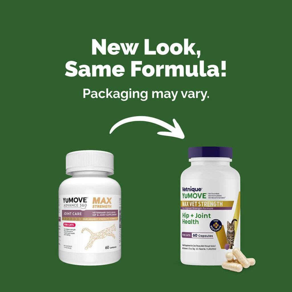 Two Yumove supplement bottles with text indicating 'New Look, Same Formula' on a green background.
