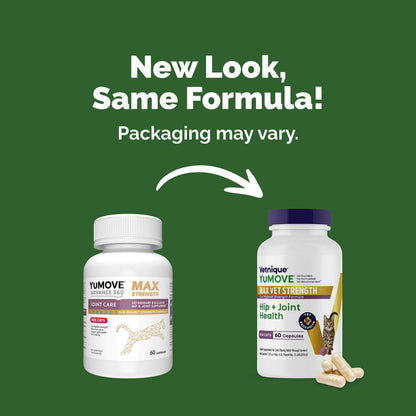 Two Yumove supplement bottles with text indicating 'New Look, Same Formula' on a green background.