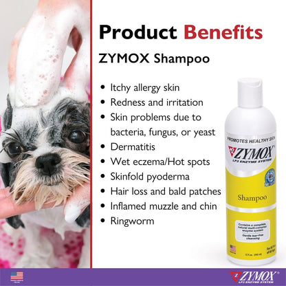 Zymox shampoo bottle with a dog and product benefits listed UK Stock