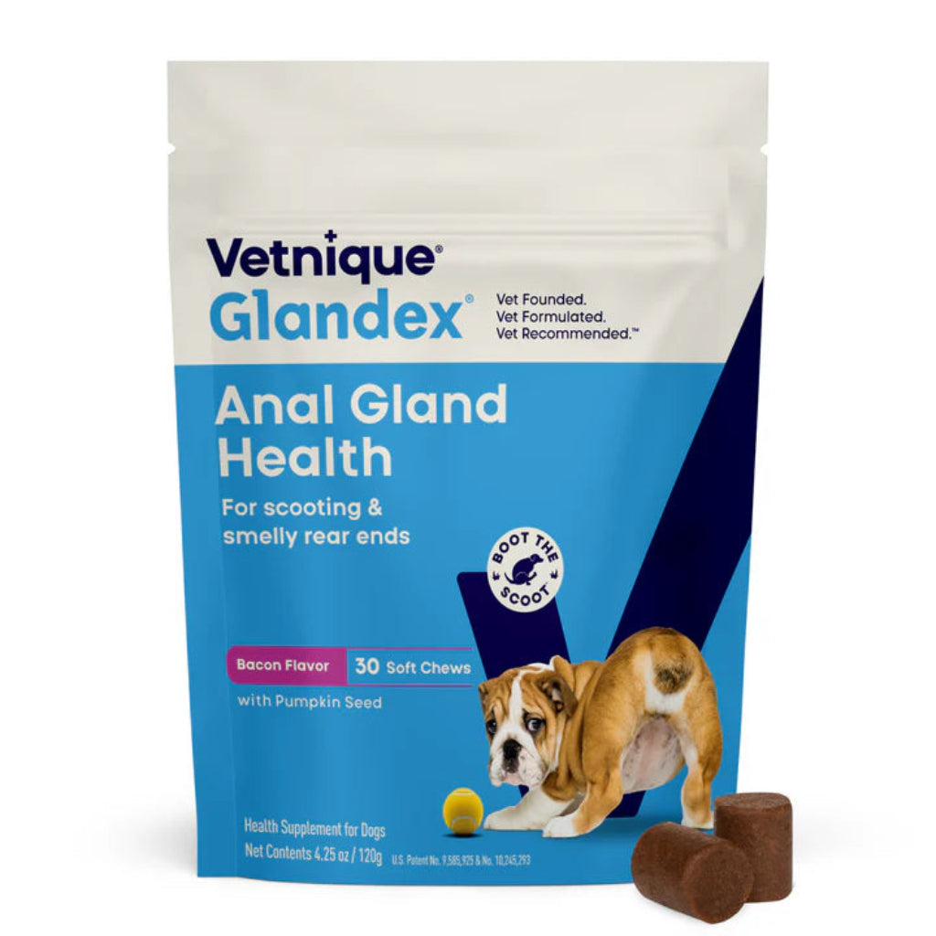 Vetnique Glandex Anal Gland Health supplement package for dogs on a white background