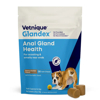 Vetnique Glandex Anal Gland Health supplement packaging for dogs on a white background
