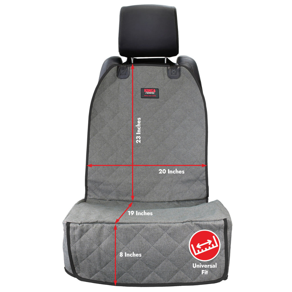 KONG Gray quilted car seat cover set with black trim and headrest, shown on a white background with red dimension lines and text indicating measurements: 23 inches tall, 20 inches wide, 19 inches across the base, and 8 inches depth. A small red and black brand patch is visible on the upright, and a red circular 'Universal Fit' logo appears on the front cover.