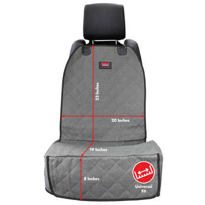 KONG Gray quilted car seat cover set with black trim and headrest, shown on a white background with red dimension lines and text indicating measurements: 23 inches tall, 20 inches wide, 19 inches across the base, and 8 inches depth. A small red and black brand patch is visible on the upright, and a red circular 'Universal Fit' logo appears on the front cover.