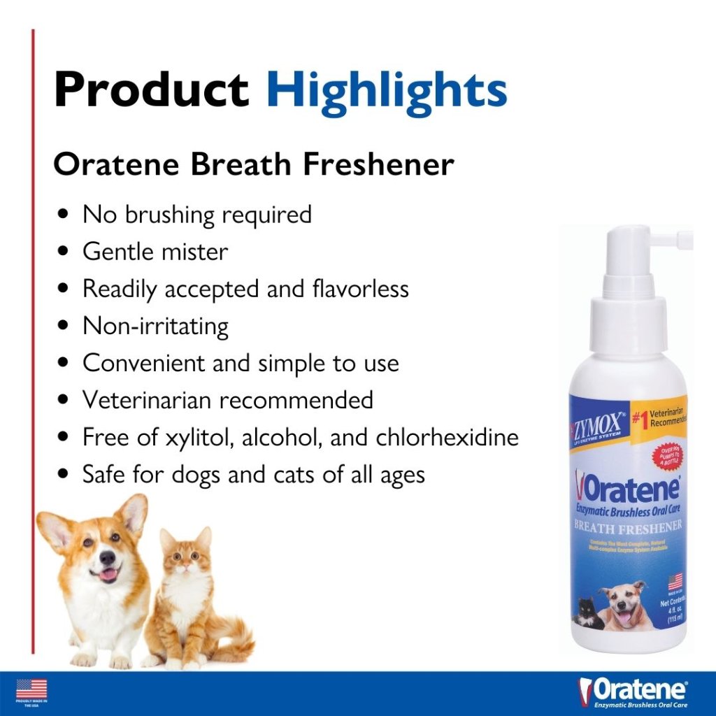 Zymox Oratene breath freshener for dogs and cats highlights