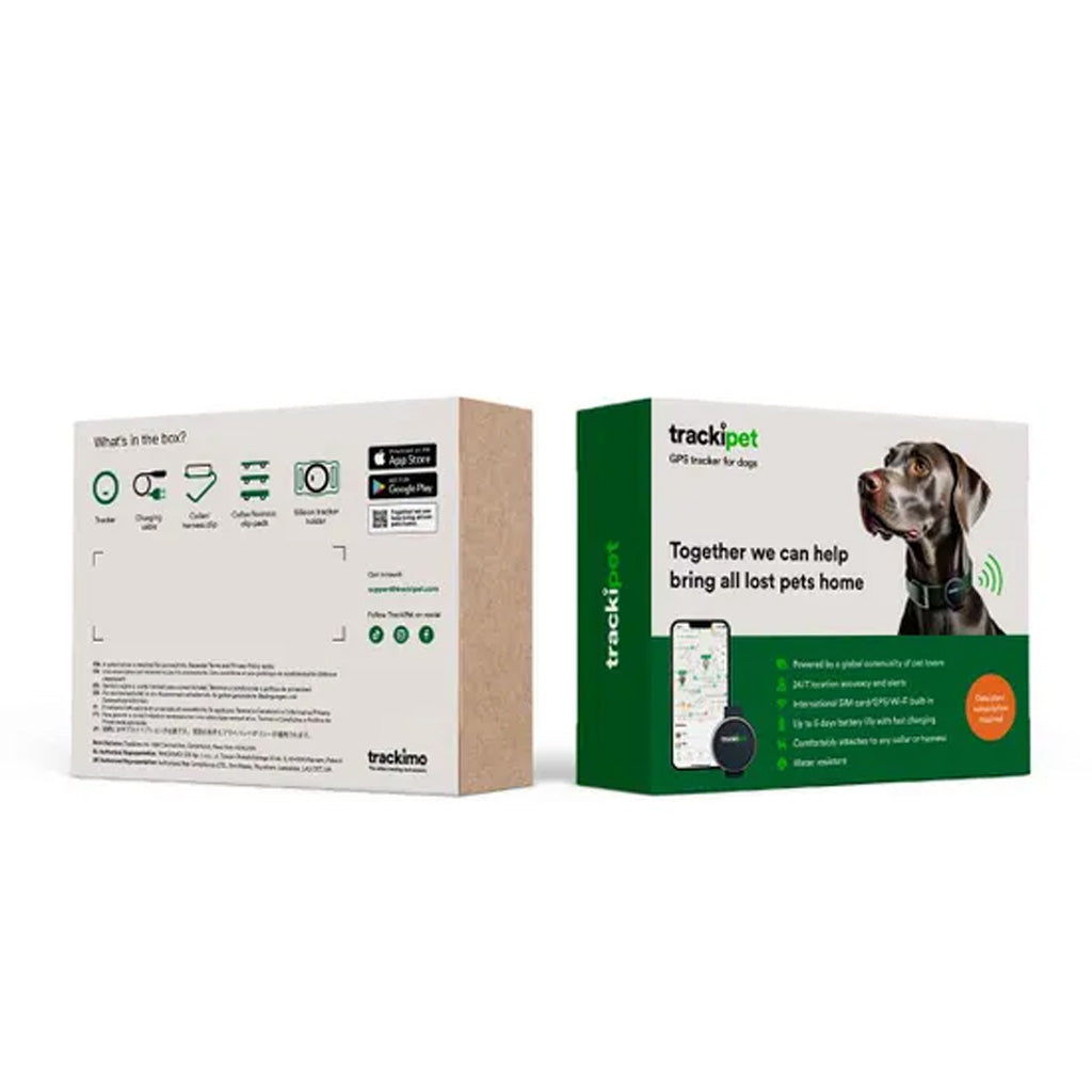 Trackipet GPS tracker for dogs packaging on a white background